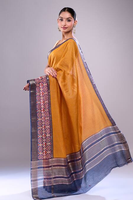Shop_Samyukta Singhania_Yellow Chanderi, Cotton, Silk Checks Saree With Running Blouse _at_Aza_Fashions