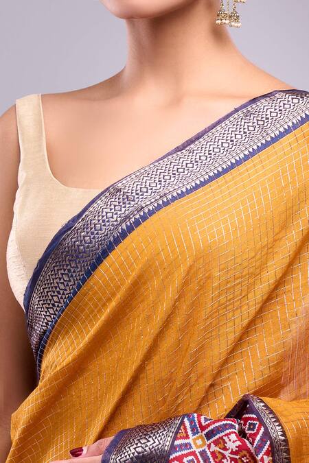 Shop_Samyukta Singhania_Yellow Chanderi, Cotton, Silk Checks Saree With Running Blouse _Online_at_Aza_Fashions