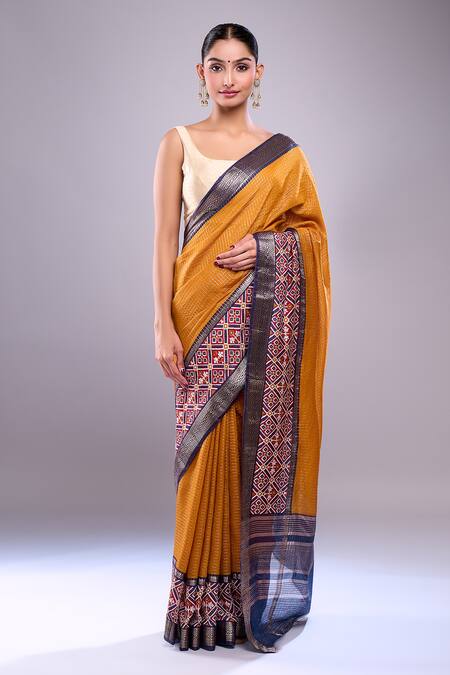 Samyukta Singhania_Yellow Chanderi, Cotton, Silk Checks Saree With Running Blouse _at_Aza_Fashions