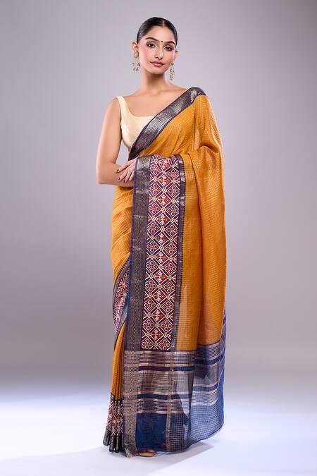 Buy_Samyukta Singhania_Yellow Chanderi, Cotton, Silk Checks Saree With Running Blouse 