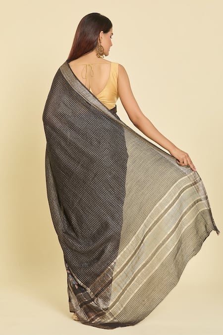 Shop_Samyukta Singhania_Black Chanderi, Cotton, Silk Embroidery Blossom Hem Saree With Running Blouse _at_Aza_Fashions