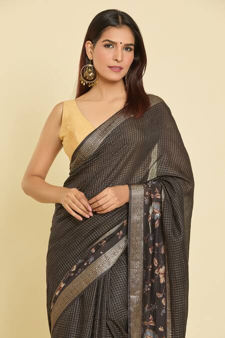 Samyukta Singhania_Black Chanderi, Cotton, Silk Embroidery Blossom Hem Saree With Running Blouse _Online_at_Aza_Fashions