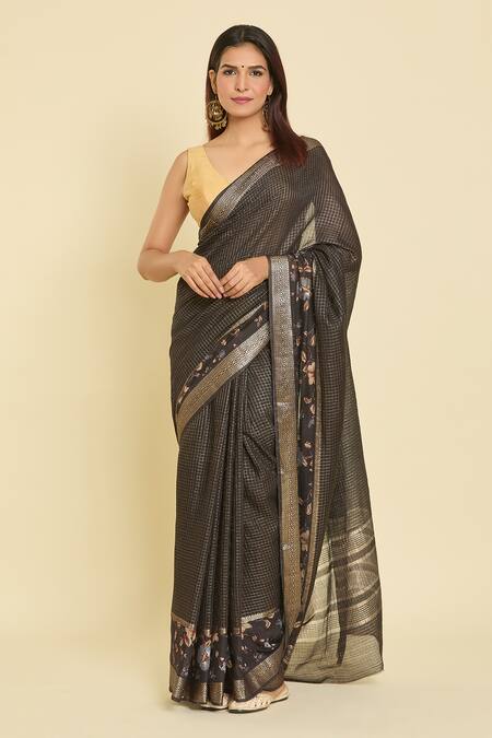 Buy_Samyukta Singhania_Black Chanderi, Cotton, Silk Embroidery Blossom Hem Saree With Running Blouse _Online_at_Aza_Fashions
