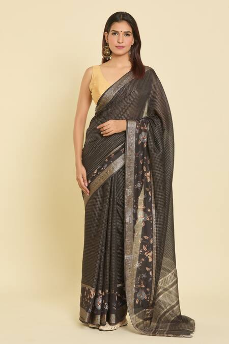 Shop_Samyukta Singhania_Black Chanderi, Cotton, Silk Embroidery Blossom Hem Saree With Running Blouse _Online_at_Aza_Fashions