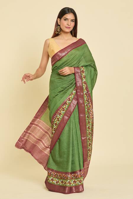Shop Naintara Bajaj Green Chanderi Embroidery Saree With Running Blouse Online at Aza Fashions Shop_Naintara Bajaj_Green Chanderi Embroidery Saree With Running Blouse _Online_at_Aza_Fashions