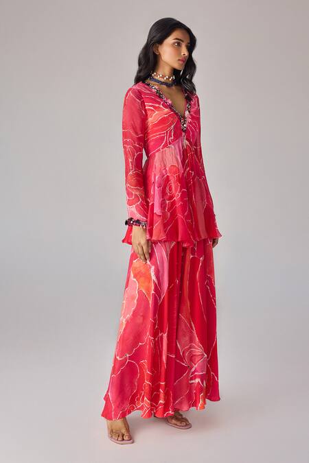 Shop_Saaksha & Kinni_Pink Chiffon Split V-neck Floral Print Noor Short Kurta_at_Aza_Fashions