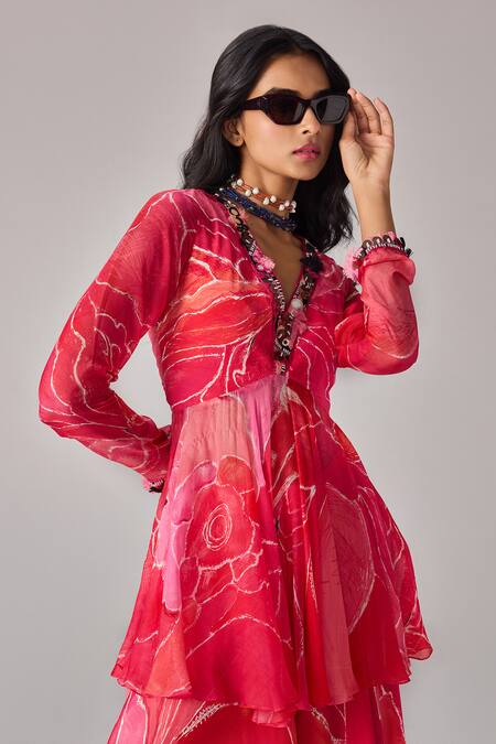 Buy_Saaksha & Kinni_Pink Chiffon Split V-neck Floral Print Noor Short Kurta_Online_at_Aza_Fashions