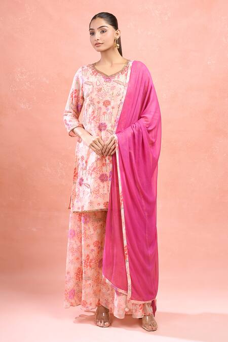 Shop Naintara Bajaj Peach Georgette Embroidery Round Neck Floral Digital Print Kurta Set Online at Aza Fashions Shop_Naintara Bajaj_Peach Georgette Embroidery Round Neck Floral Digital Print Kurta Set _Online_at_Aza_Fashions