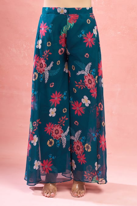 Samyukta Singhania_Blue Georgette Embroidery Floral Printed Kurta Set _Online_at_Aza_Fashions