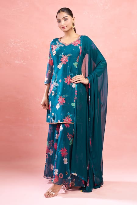 Buy_Samyukta Singhania_Blue Georgette Embroidery Floral Printed Kurta Set _Online_at_Aza_Fashions