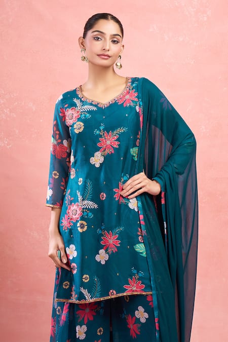 Shop_Samyukta Singhania_Blue Georgette Embroidery Floral Printed Kurta Set _Online_at_Aza_Fashions