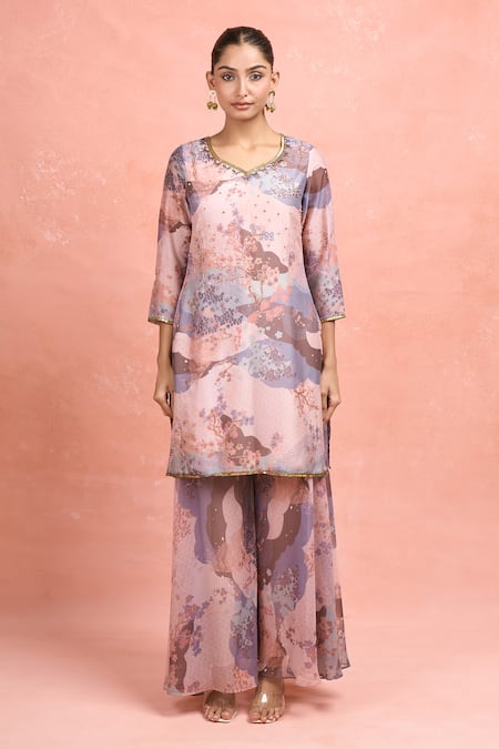 Buy_Samyukta Singhania_Multi Color Georgette Embroidery V-neck Digital Print Kurta Set _Online_at_Aza_Fashions