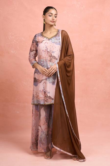 Shop_Samyukta Singhania_Multi Color Georgette Embroidery V-neck Digital Print Kurta Set _Online_at_Aza_Fashions