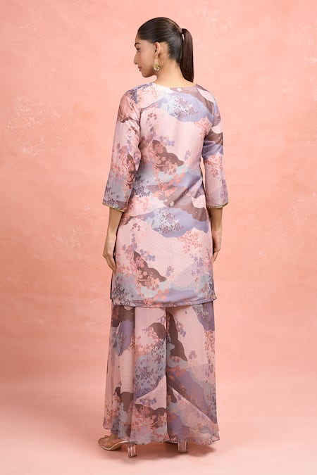 Shop_Samyukta Singhania_Multi Color Georgette Embroidery V-neck Digital Print Kurta Set _at_Aza_Fashions