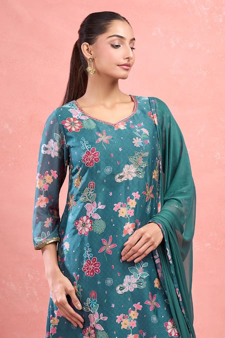 Samyukta Singhania_Green Georgette Embroidery Floral Print Kurta Set _Online_at_Aza_Fashions