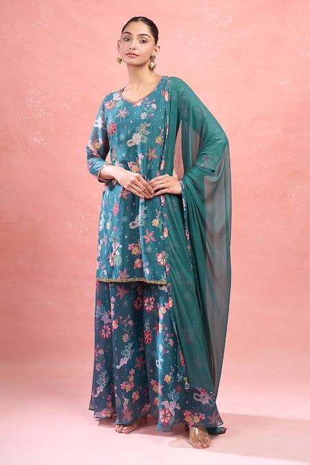 Shop_Samyukta Singhania_Green Georgette Embroidery Floral Print Kurta Set _Online_at_Aza_Fashions