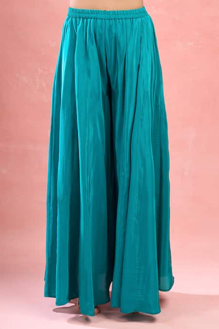 Samyukta Singhania_Green Crepe Tassels, Embroidery Round Neck Rama Kaftan And Palazzo Set _Online_at_Aza_Fashions