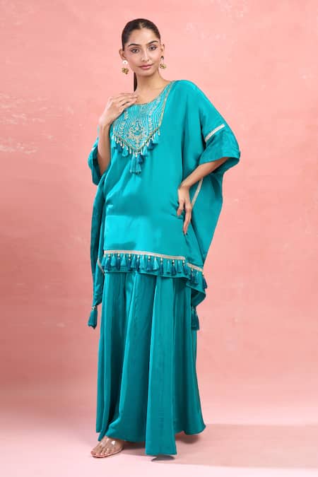 Buy_Samyukta Singhania_Green Crepe Tassels, Embroidery Round Neck Rama Kaftan And Palazzo Set _Online_at_Aza_Fashions