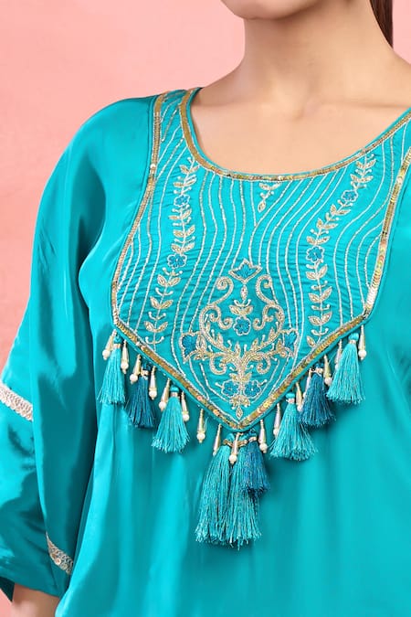 Shop_Samyukta Singhania_Green Crepe Tassels, Embroidery Round Neck Rama Kaftan And Palazzo Set _Online_at_Aza_Fashions