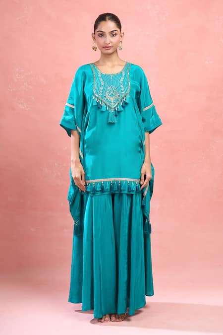Samyukta Singhania_Green Crepe Tassels, Embroidery Round Neck Rama Kaftan And Palazzo Set _at_Aza_Fashions