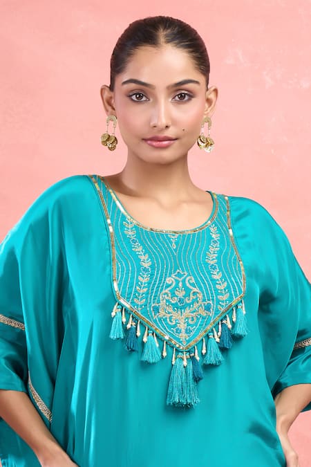 Buy_Samyukta Singhania_Green Crepe Tassels, Embroidery Round Neck Rama Kaftan And Palazzo Set 
