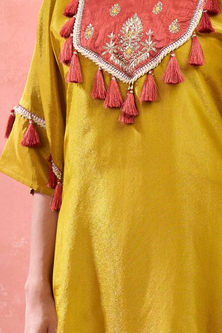 Samyukta Singhania Yellow Tissue Tassels, Embroidery Round Digital Hand Work Kaftan And Palazzo Set Online at Aza Fashions Samyukta Singhania_Yellow Tissue Tassels, Embroidery Round Digital Hand Work Kaftan And Palazzo Set_Online_at_Aza_Fashions