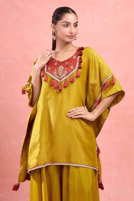 Buy Samyukta Singhania Yellow Tissue Tassels, Embroidery Round Digital Hand Work Kaftan And Palazzo Set Online at Aza Fashions Buy_Samyukta Singhania_Yellow Tissue Tassels, Embroidery Round Digital Hand Work Kaftan And Palazzo Set_Online_at_Aza_Fashions