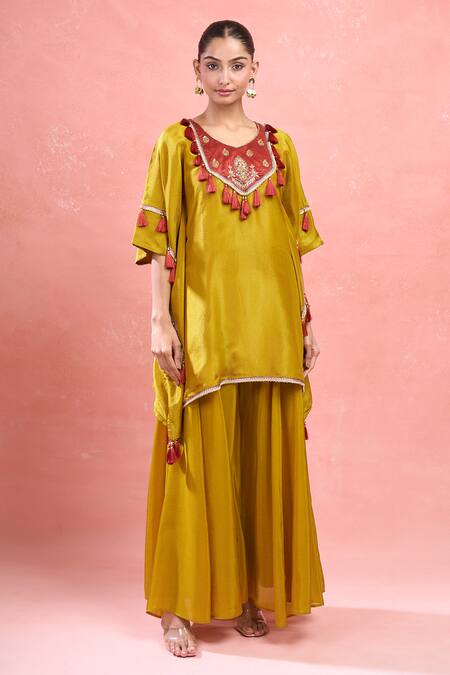 Shop Samyukta Singhania Yellow Tissue Tassels, Embroidery Round Digital Hand Work Kaftan And Palazzo Set Online at Aza Fashions Shop_Samyukta Singhania_Yellow Tissue Tassels, Embroidery Round Digital Hand Work Kaftan And Palazzo Set_Online_at_Aza_Fashions