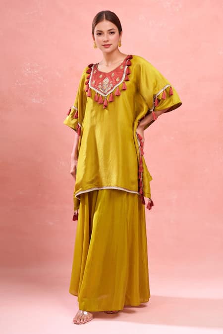 Samyukta Singhania Yellow Tissue Tassels, Embroidery Round Digital Hand Work Kaftan And Palazzo Set