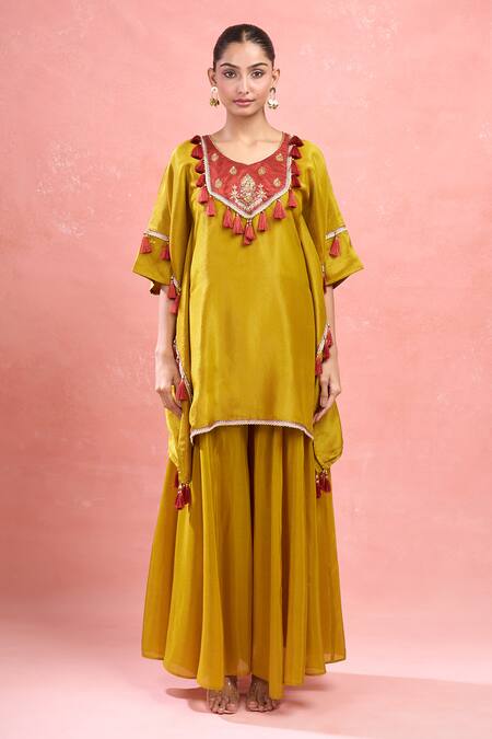 Buy Samyukta Singhania Yellow Tissue Tassels, Embroidery Round Digital Hand Work Kaftan And Palazzo Set Buy_Samyukta Singhania_Yellow Tissue Tassels, Embroidery Round Digital Hand Work Kaftan And Palazzo Set