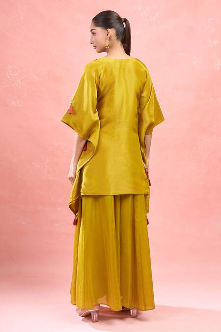 Shop Samyukta Singhania Yellow Tissue Tassels, Embroidery Round Digital Hand Work Kaftan And Palazzo Set at Aza Fashions Shop_Samyukta Singhania_Yellow Tissue Tassels, Embroidery Round Digital Hand Work Kaftan And Palazzo Set_at_Aza_Fashions
