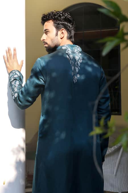 Shop_Angad Creations_Blue Viscose, Linen Peacock Embroidered Kurta Set _at_Aza_Fashions