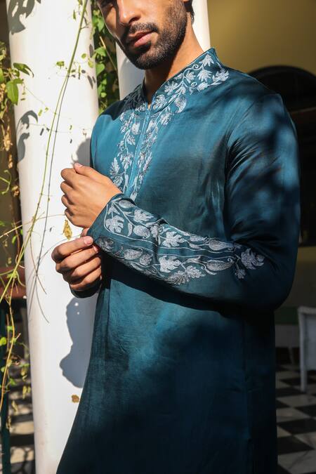 Buy_Angad Creations_Blue Viscose, Linen Peacock Embroidered Kurta Set _Online_at_Aza_Fashions