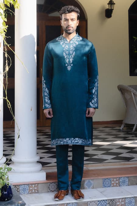 Shop_Angad Creations_Blue Viscose, Linen Peacock Embroidered Kurta Set _Online_at_Aza_Fashions