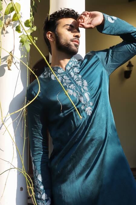 Angad Creations_Blue Viscose, Linen Peacock Embroidered Kurta Set _at_Aza_Fashions