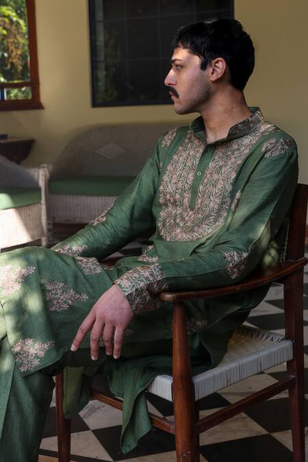 Buy_Angad Creations_Green Viscose, Silk Embroidery Kurta Set _Online_at_Aza_Fashions