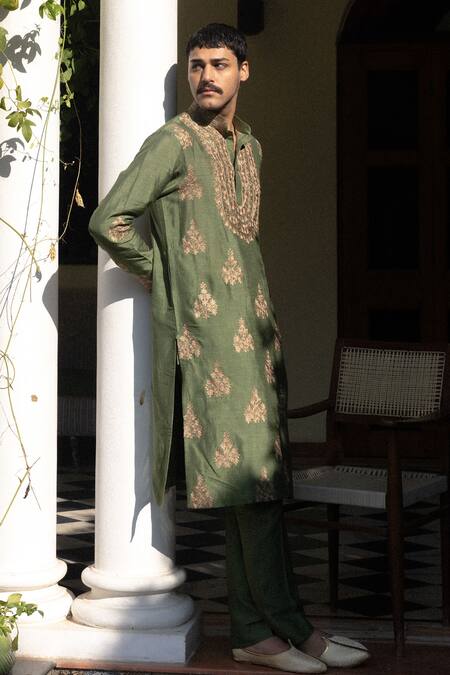 Shop_Angad Creations_Green Viscose, Silk Embroidery Kurta Set _Online_at_Aza_Fashions
