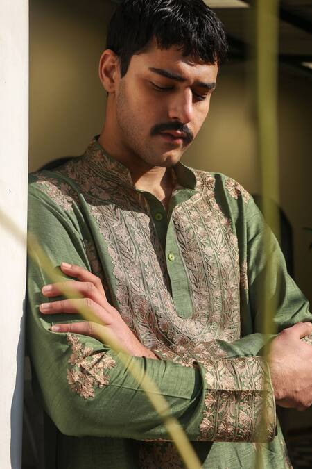 Angad Creations_Green Viscose, Silk Embroidery Kurta Set _at_Aza_Fashions