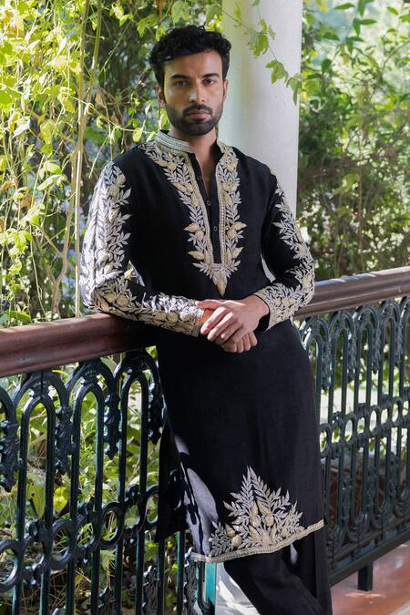 Shop_Angad Creations_Black Viscose, Silk Embroidery Semi Hand Tilla Work Kurta Set _Online_at_Aza_Fashions