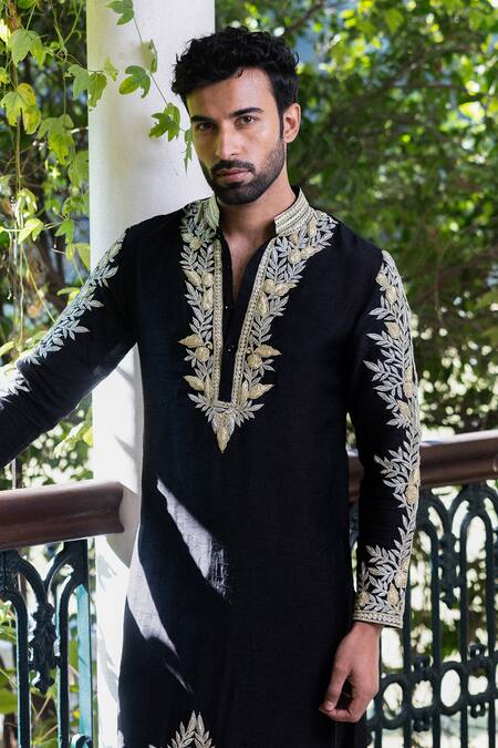 Angad Creations_Black Viscose, Silk Embroidery Semi Hand Tilla Work Kurta Set _at_Aza_Fashions