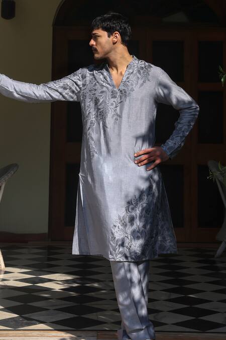 Angad Creations_Gray Viscose, Silk Embroidery Grey Kurta Set _Online_at_Aza_Fashions
