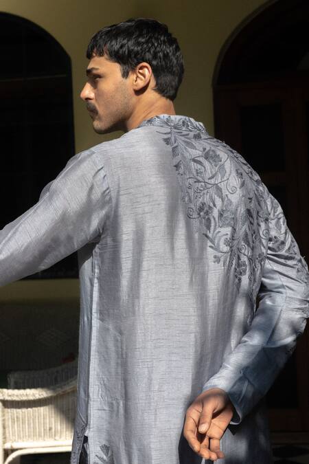 Buy_Angad Creations_Gray Viscose, Silk Embroidery Grey Kurta Set _Online_at_Aza_Fashions