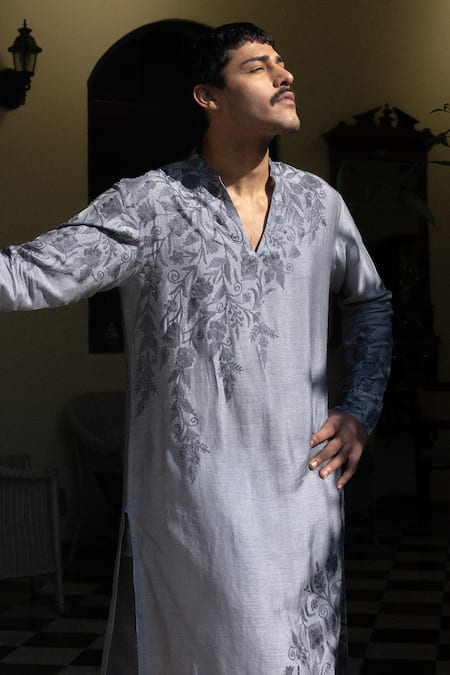 Shop_Angad Creations_Gray Viscose, Silk Embroidery Grey Kurta Set _Online_at_Aza_Fashions