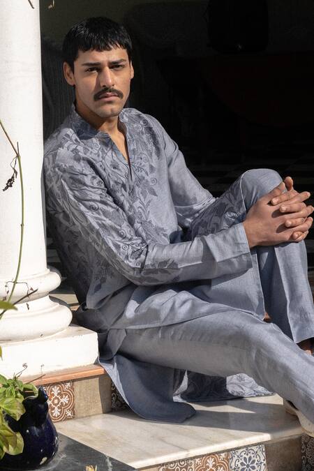 Angad Creations_Gray Viscose, Silk Embroidery Grey Kurta Set _at_Aza_Fashions