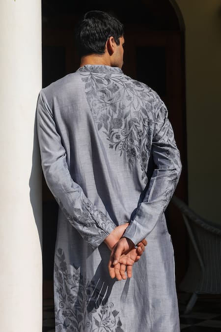 Shop_Angad Creations_Gray Viscose, Silk Embroidery Grey Kurta Set _at_Aza_Fashions