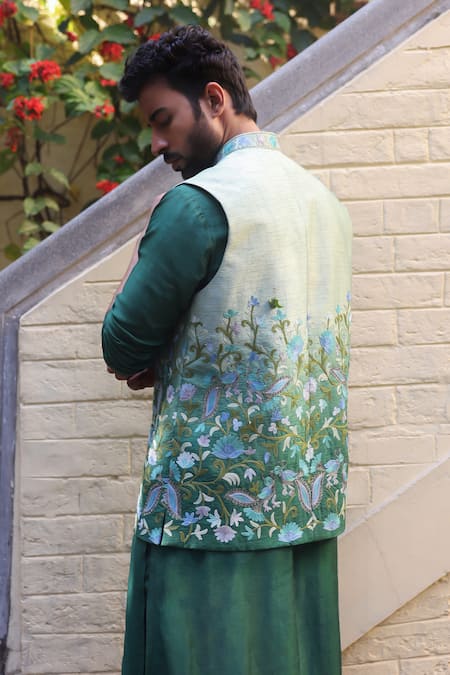 Angad Creations_Green Viscose, Silk Embroidery Nehru Jacket Set _Online_at_Aza_Fashions