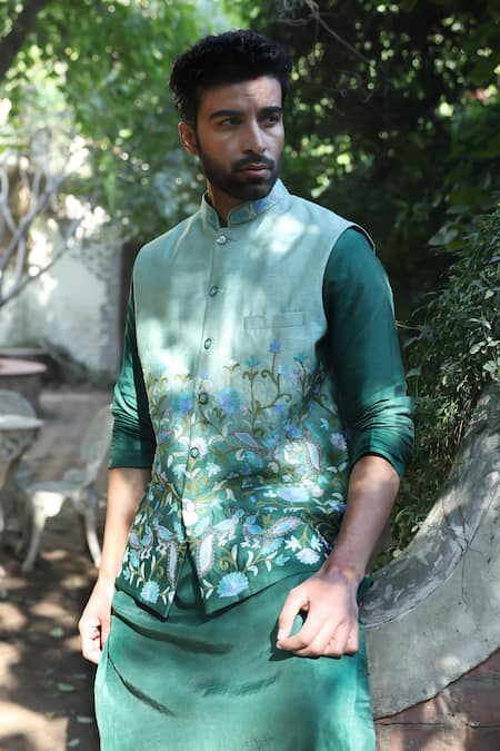Buy_Angad Creations_Green Viscose, Silk Embroidery Nehru Jacket Set _Online_at_Aza_Fashions