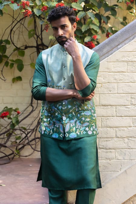 Shop_Angad Creations_Green Viscose, Silk Embroidery Nehru Jacket Set _Online_at_Aza_Fashions