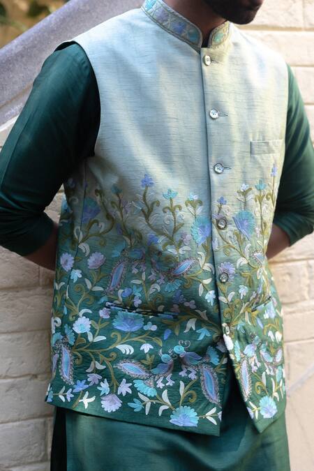 Angad Creations_Green Viscose, Silk Embroidery Nehru Jacket Set _at_Aza_Fashions
