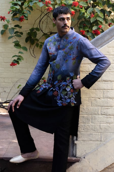Angad Creations Black Viscose, Silk Embroidery Floral Nehru Jacket Set Online at Aza Fashions Angad Creations_Black Viscose, Silk Embroidery Floral Nehru Jacket Set _Online_at_Aza_Fashions